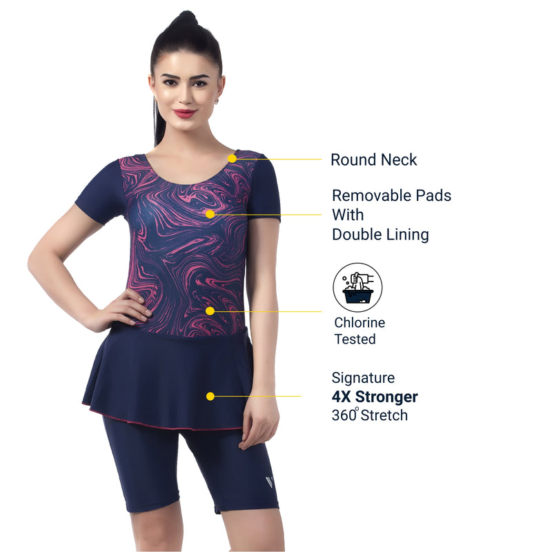Marble Twirl Women's PADDED SWIM DRESS (Half)  (Sun Protected and Chlorine Tested)